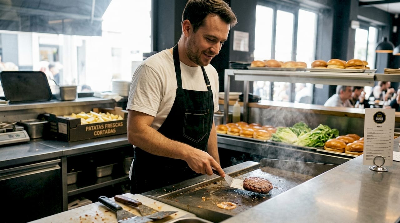 Un chef prepara hamburguesas en la cocina de una hamburguesería.