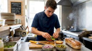 El chef está preparando una hamburguesa artesanal recién hecha