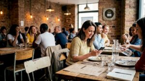 Una mujer hace una reserva en un restaurante para ir con un grupo de amigos.