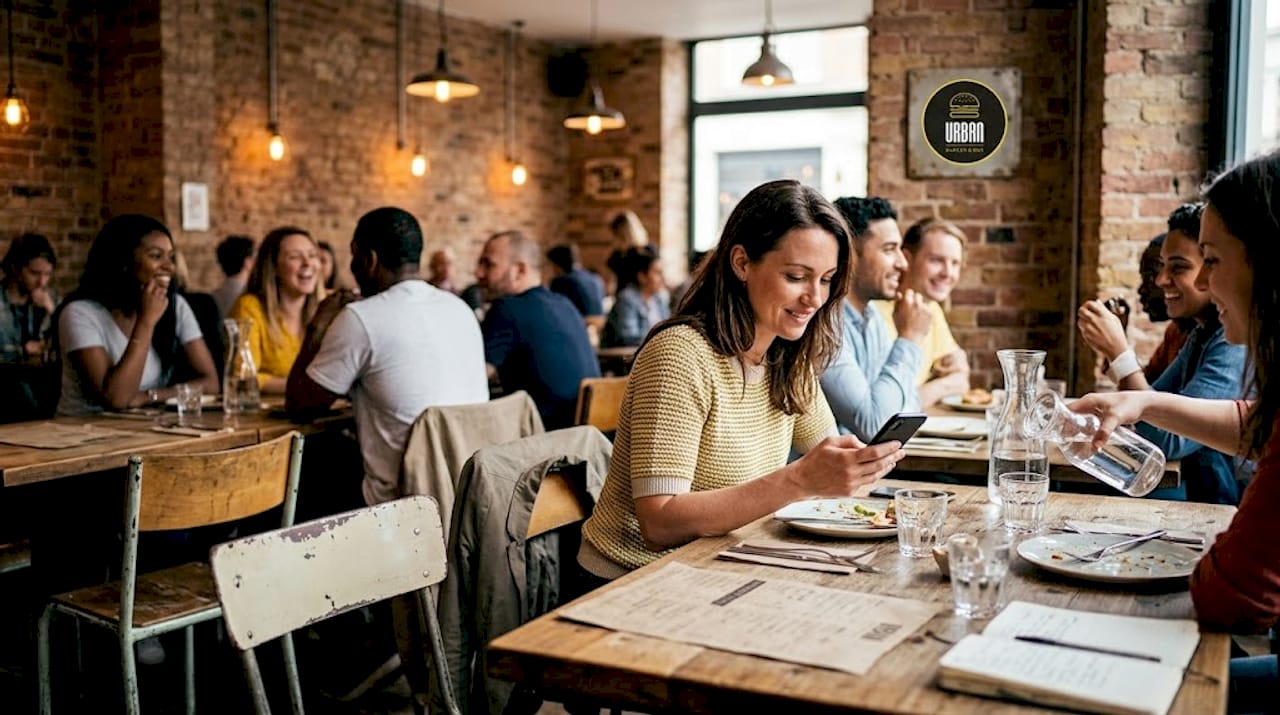Una mujer hace una reserva en un restaurante para ir con un grupo de amigos.