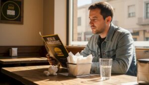 Un comensal hojea el menú de hamburguesas en un restaurante, decidiendo cuál probar.