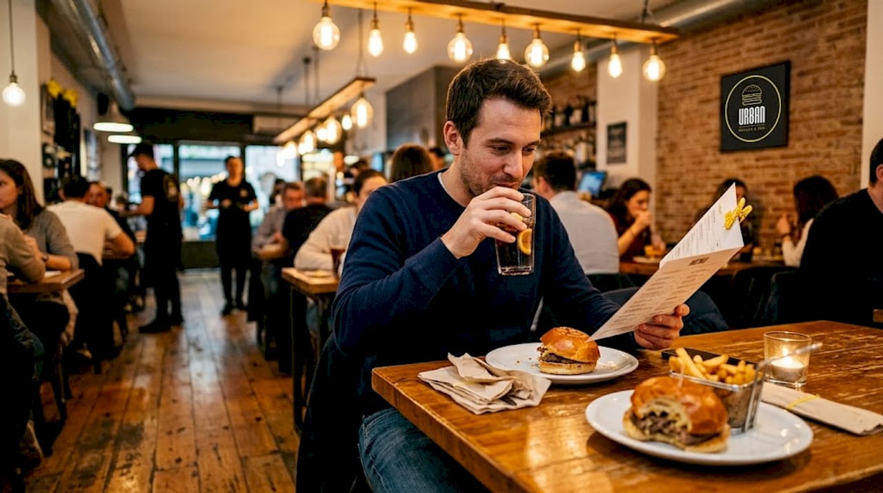 Un cliente disfruta de una exquisita hamburguesa en un local gourmet.