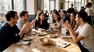 Un grupo de amigos revisa la carta y decide qué platos gourmet probar en el restaurante.