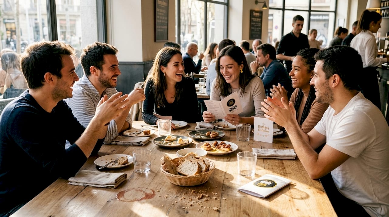 Un grupo de amigos revisa la carta y decide qué platos gourmet probar en el restaurante.