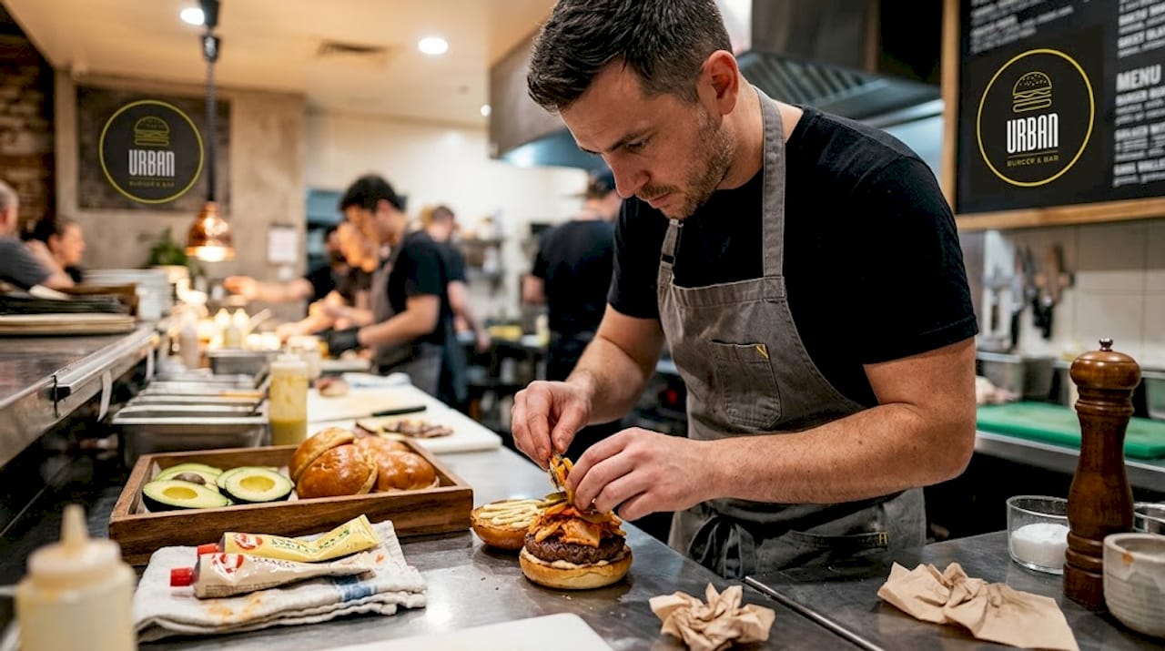 Un chef prepara una hamburguesa innovadora con ingredientes de diferentes partes del mundo, creando una explosión de colores y sabores en cada capa.