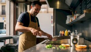Un chef dando forma a una hamburguesa gourmet en pleno corazón de Barcelona