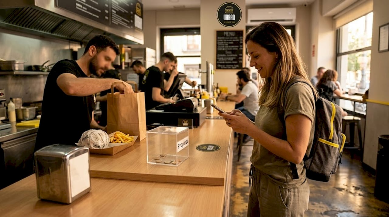 Persona pidiendo su comida para llevar en la barra del restaurante