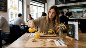 Una mujer disfruta de un brunch en una hamburguesería de Barcelona.