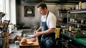 Cocinero elaborando una hamburguesa gourmet con pan artesanal