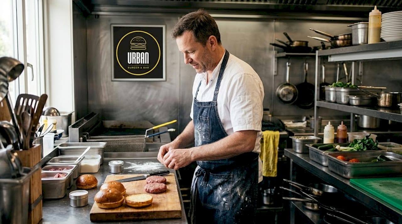 Cocinero elaborando una hamburguesa gourmet con pan artesanal