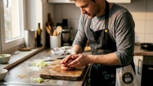 Cocinero elaborando una hamburguesa gourmet en su propia cocina