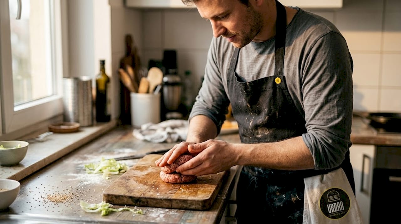 Cocinero elaborando una hamburguesa gourmet en su propia cocina