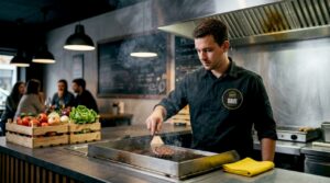 Chef elaborando una hamburguesa gourmet en una barra de estilo urbano