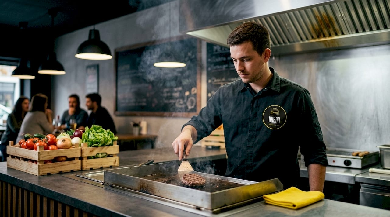Chef elaborando una hamburguesa gourmet en una barra de estilo urbano