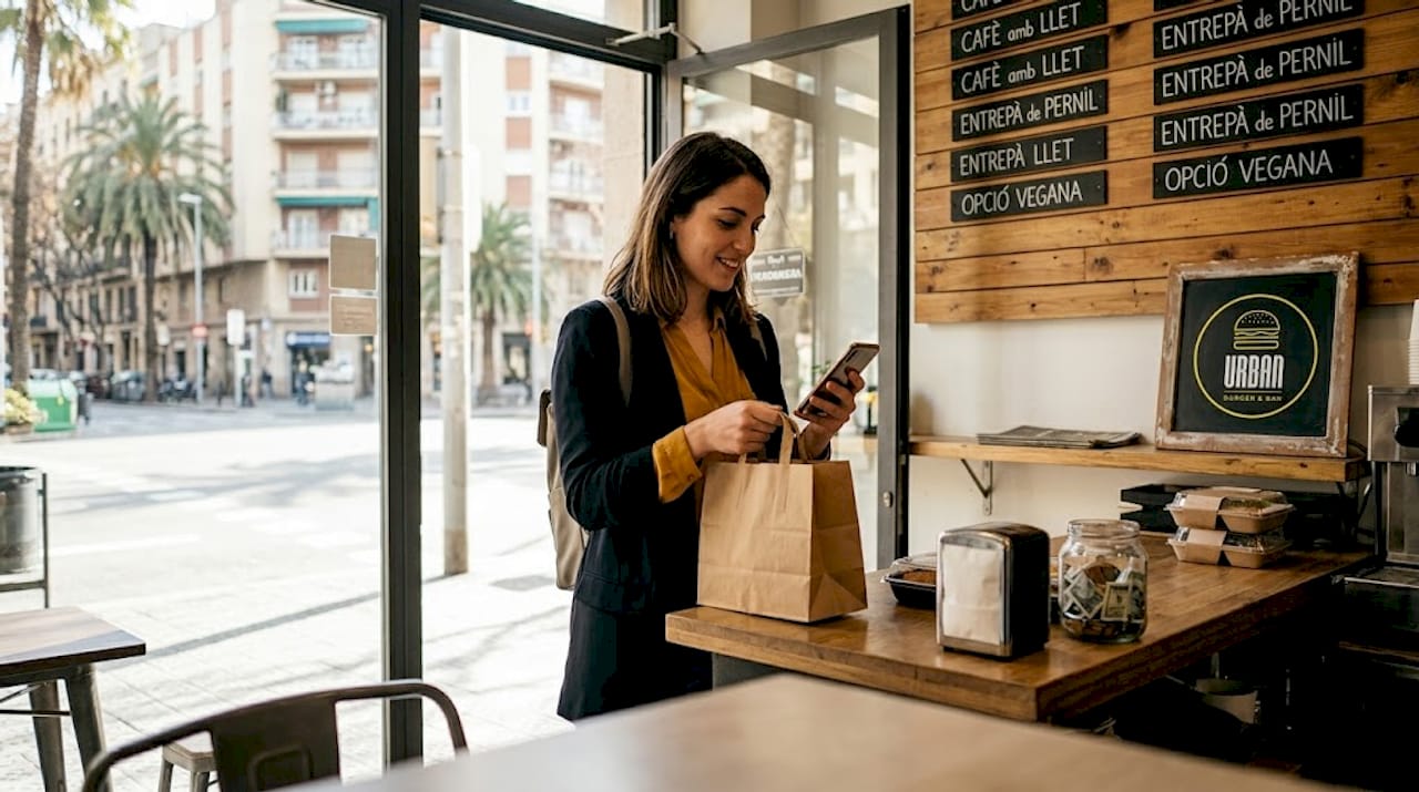 Una mujer recoge su pedido para llevar en una cafetería de Barcelona.