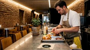 Cocinero elaborando hamburguesas gourmet en una barra de estilo moderno