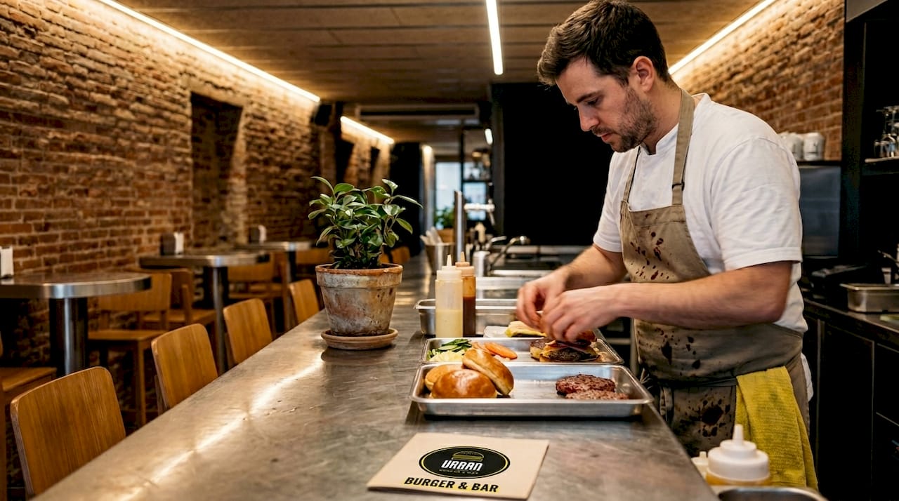 Cocinero elaborando hamburguesas gourmet en una barra de estilo moderno