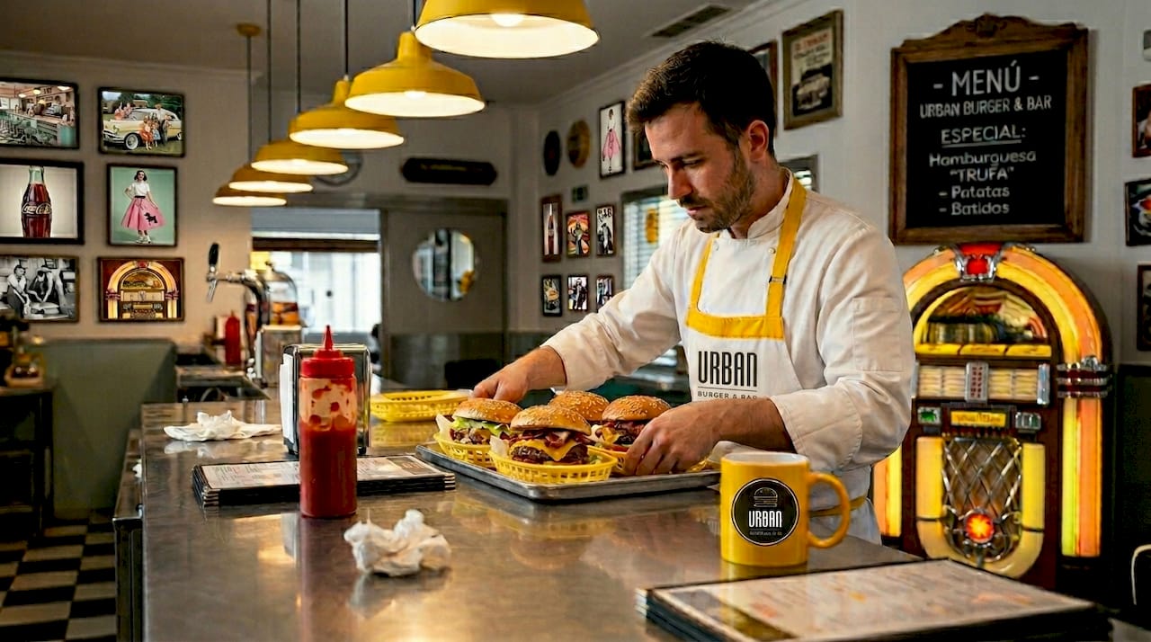 Cocinero preparando hamburguesas al momento en una barra con ambiente acogedor