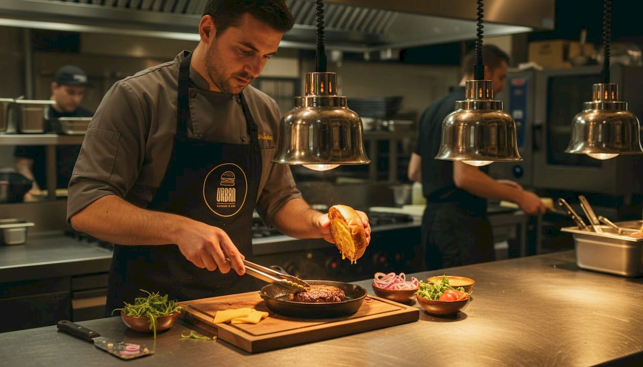 Un chef prepara una hamburguesa gourmet en la cocina, cuidando cada detalle para lograr un sabor excepcional.