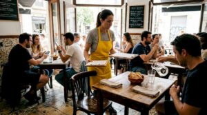 Server bringing lunch menu to table Barcelona