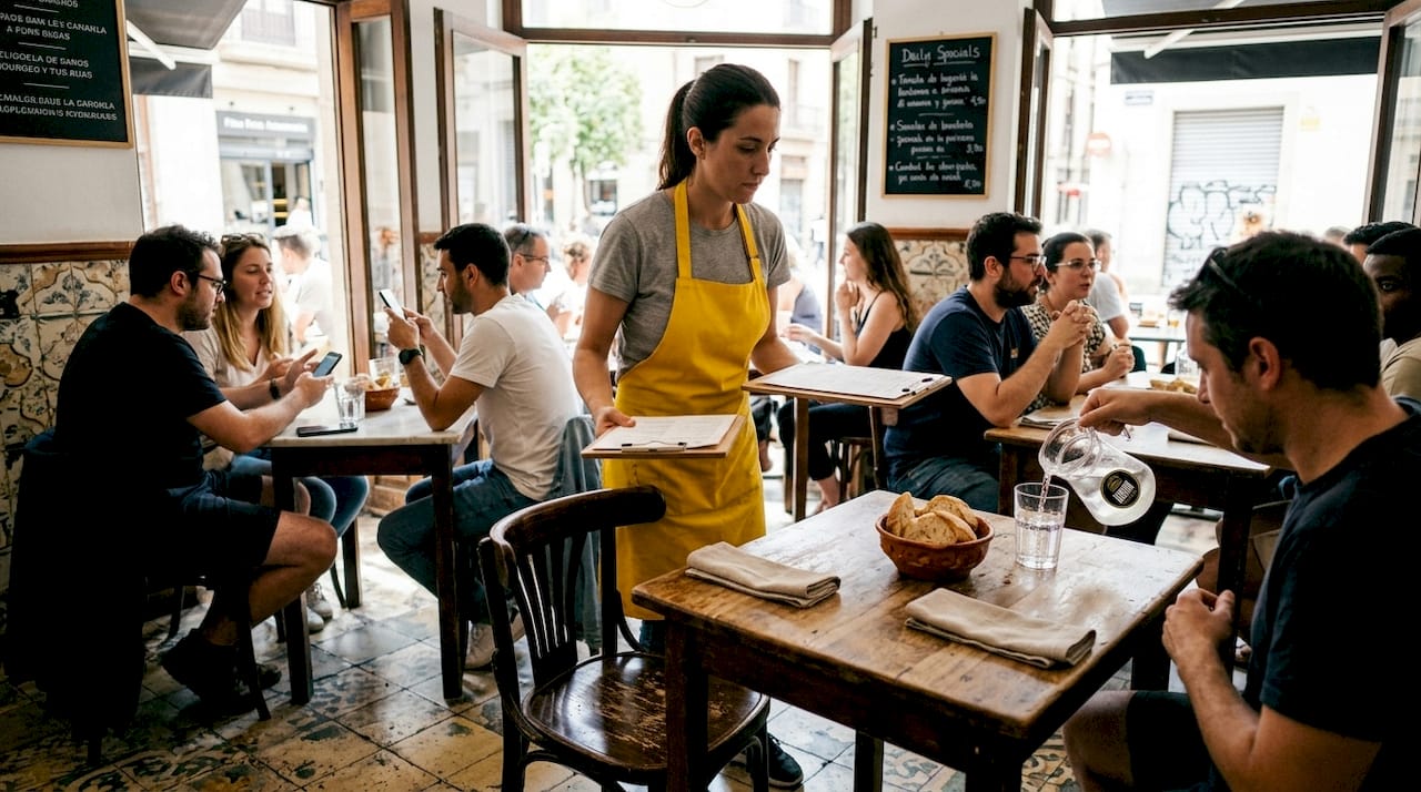 Server bringing lunch menu to table Barcelona