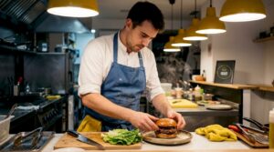 Un chef prepara una hamburguesa gourmet en la cocina de un restaurante, cuidando cada detalle para lograr un sabor excepcional.