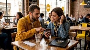 Una pareja está en una cafetería mirando el móvil mientras hace una reserva para cenar en un restaurante.