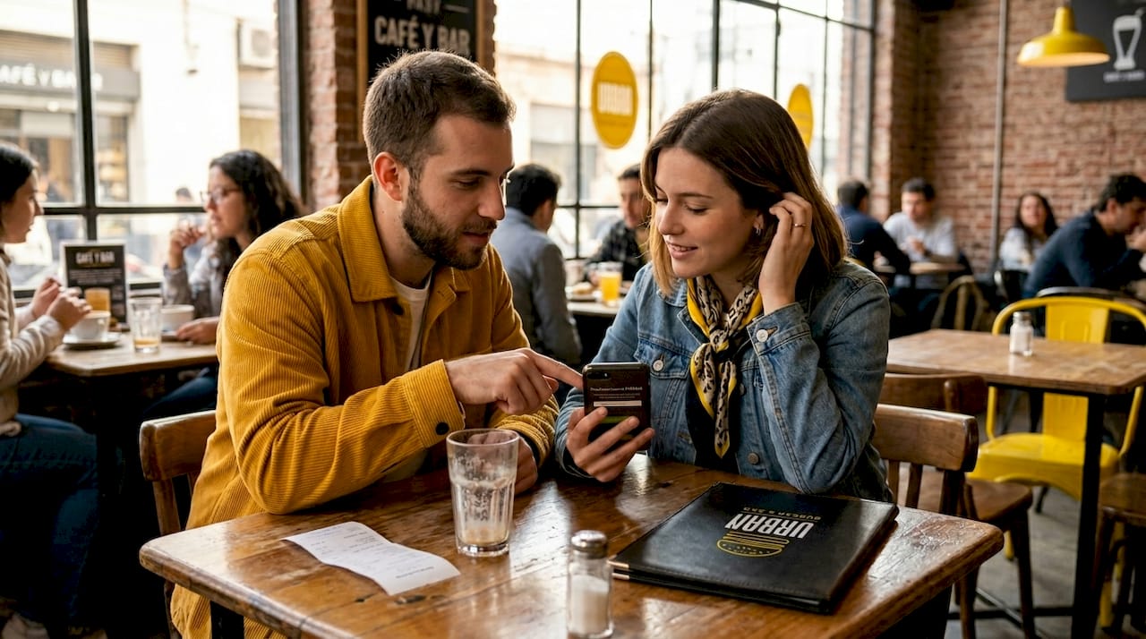 Una pareja está en una cafetería mirando el móvil mientras hace una reserva para cenar en un restaurante.