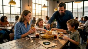 Una familia disfruta junta de un combo de hamburguesas en su restaurante favorito.