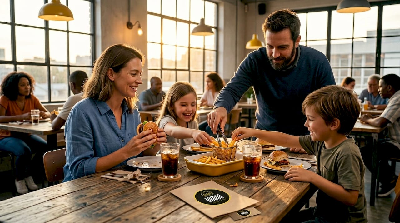 Una familia disfruta junta de un combo de hamburguesas en su restaurante favorito.