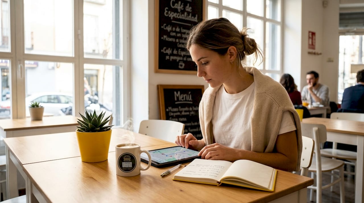 Una mujer organiza su próximo viaje sentada en la mesa de la cocina, revisando rutas y destinos en una aplicación de mapas desde su móvil.