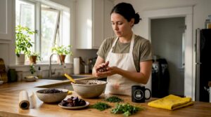 Una mujer está preparando una hamburguesa vegana sobre la encimera de la cocina.