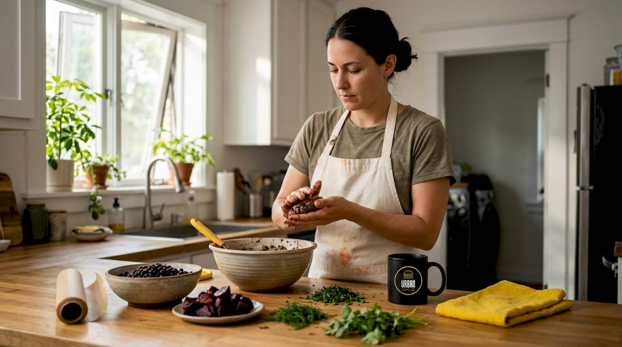 Una mujer está preparando una hamburguesa vegana sobre la encimera de la cocina.