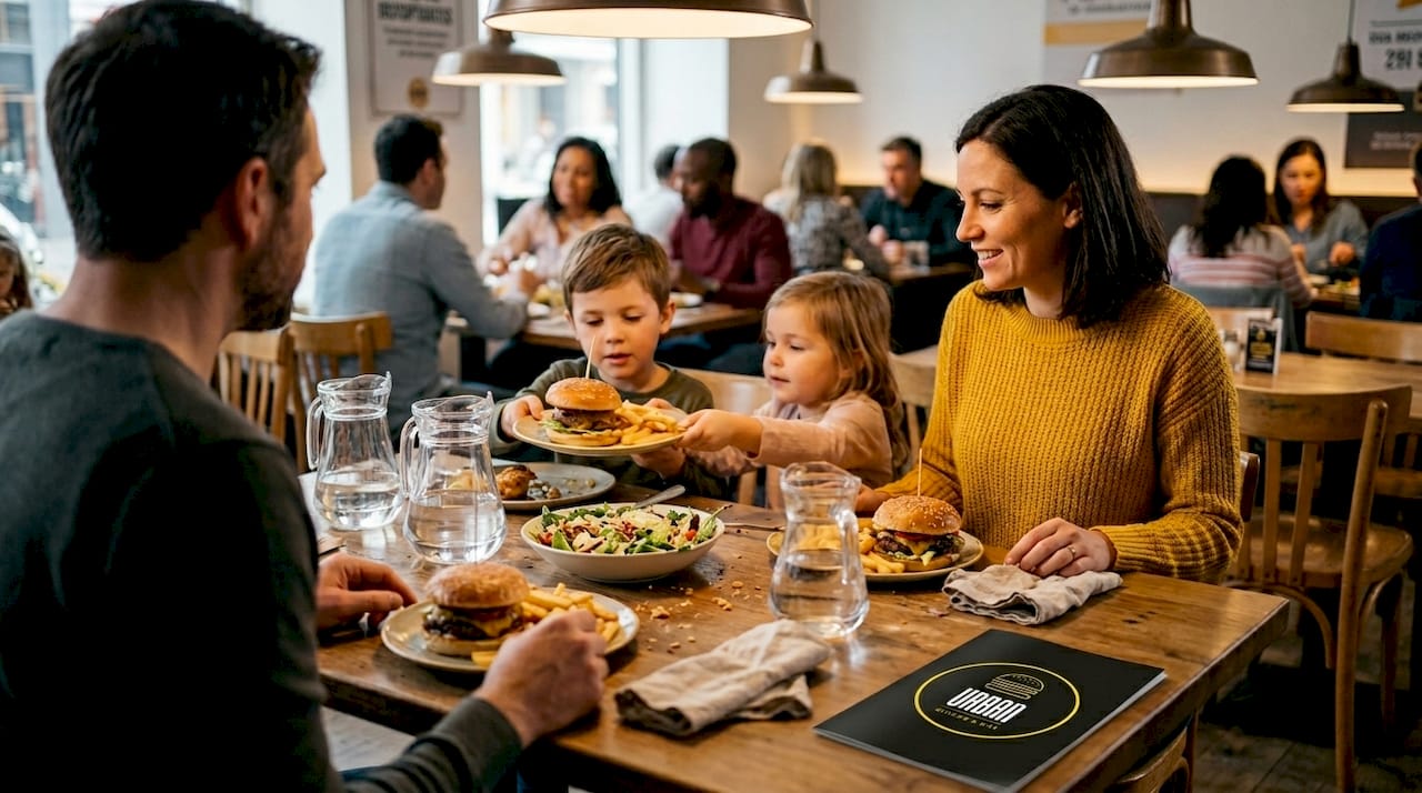 Una familia comparte una cena variada y deliciosa en un restaurante, disfrutando de un momento especial juntos.