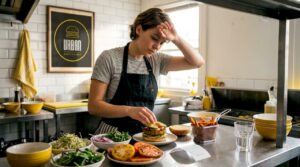Un chef elabora una hamburguesa vegana en una cocina moderna en pleno centro de la ciudad.