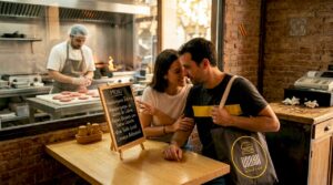 Una pareja decide qué hamburguesa pedir en un restaurante de Barcelona.