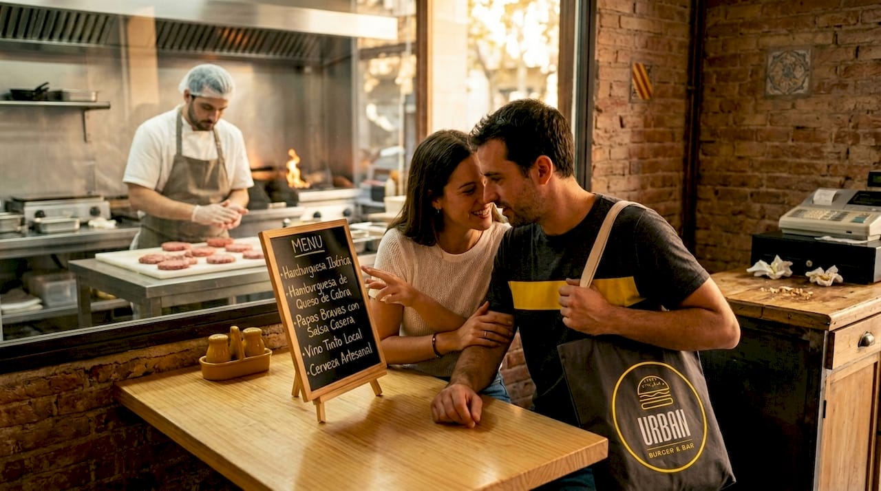 Una pareja decide qué hamburguesa pedir en un restaurante de Barcelona.