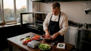 Un chef está preparando la carne para hamburguesas en una cocina profesional, cuidando cada detalle para lograr el mejor sabor.