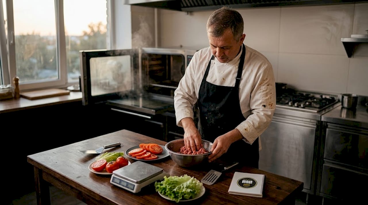 Un chef está preparando la carne para hamburguesas en una cocina profesional, cuidando cada detalle para lograr el mejor sabor.
