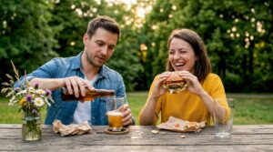 Una pareja se relaja en casa saboreando hamburguesas y cervezas artesanales, disfrutando de una noche tranquila juntos.
