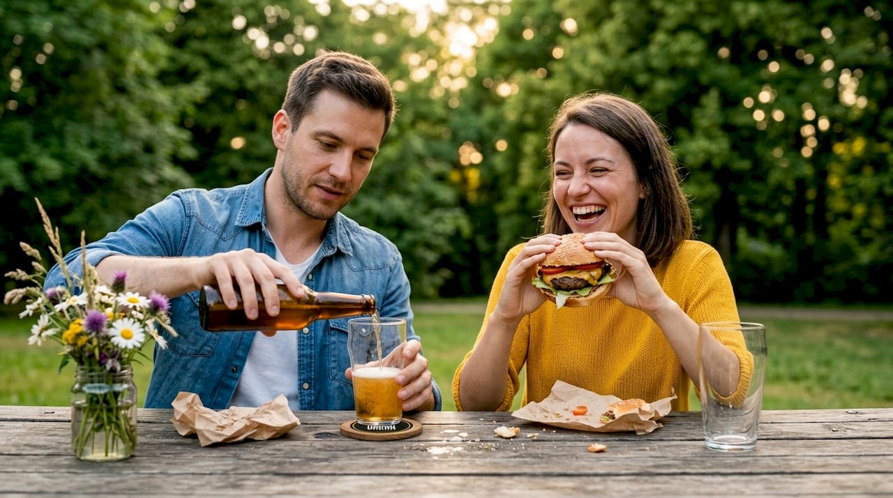 Una pareja se relaja en casa saboreando hamburguesas y cervezas artesanales, disfrutando de una noche tranquila juntos.