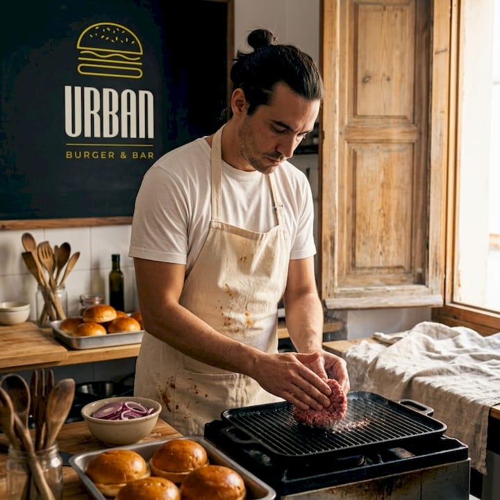 Un chef elabora una hamburguesa gourmet en una cocina llena de energía y movimiento.