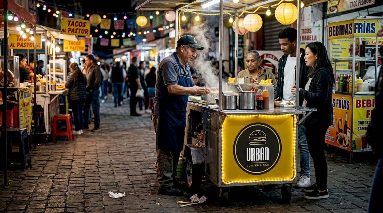 Puesto ambulante de comida en una plaza céntrica llena de gente