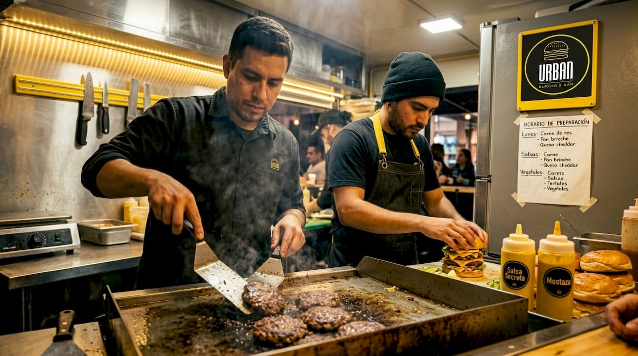 Dos cocineros de hamburguesas trabajando juntos, codo a codo, en la cocina.