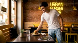 Camarero llevando a la mesa una hamburguesa gourmet en un restaurante