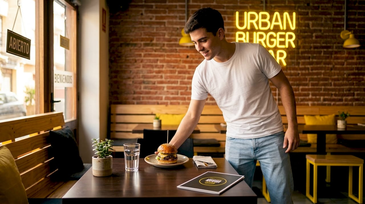 Camarero llevando a la mesa una hamburguesa gourmet en un restaurante