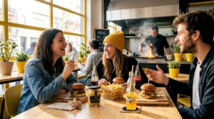 Un grupo de amigos disfruta de unas hamburguesas en una hamburguesería moderna del centro.