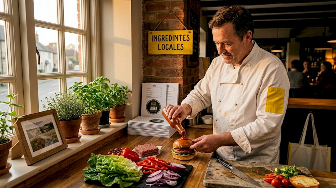 Un chef preparando una hamburguesa vegetariana en un local especializado en burgers.