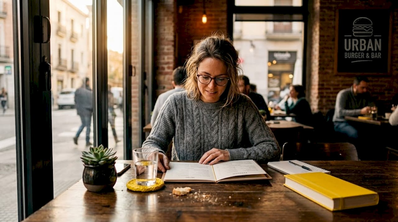 Una mujer hojea el menú en un restaurante pequeño y con mucho encanto.