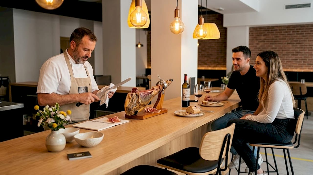 Cocinero loncheando una barra de jamón gourmet recién abierta